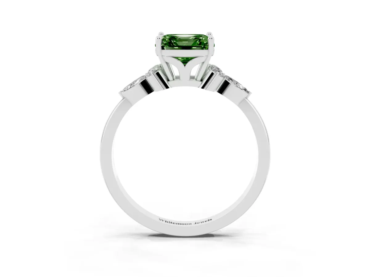 Fancy Green Asscher Cut Brilliant Diamond Solitaire Ring with Pear Side Stones and Four-Prong Setting Platinum