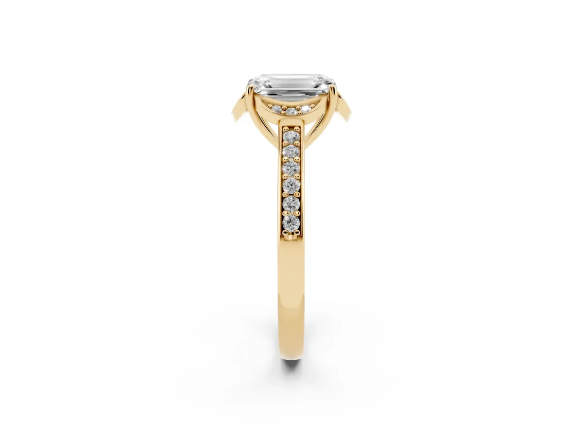 Emerald Cut Cut Halo Diamond Ring with Channel Set Band and Four-Prong Setting Yellow gold