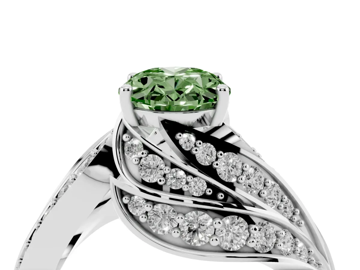 Fancy Green Oval Cut Diamond Solitaire Ring with Prong Setting and Twisted Pavé Band Silver