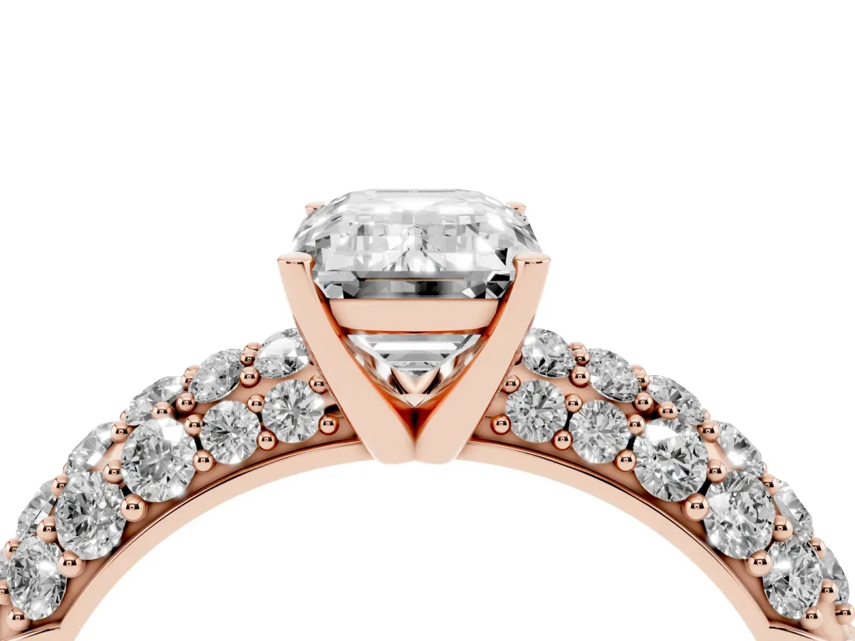 Emerald Cut Diamond Pavé Band Solitaire Ring with Four-Prong Setting Rose gold