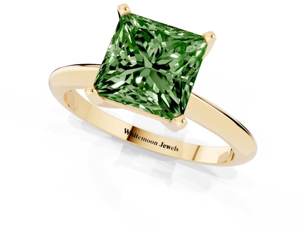 Fancy Green Princess Cut Cut Solitaire Ring with Four-Prong Setting on a Classic Band Yellow gold