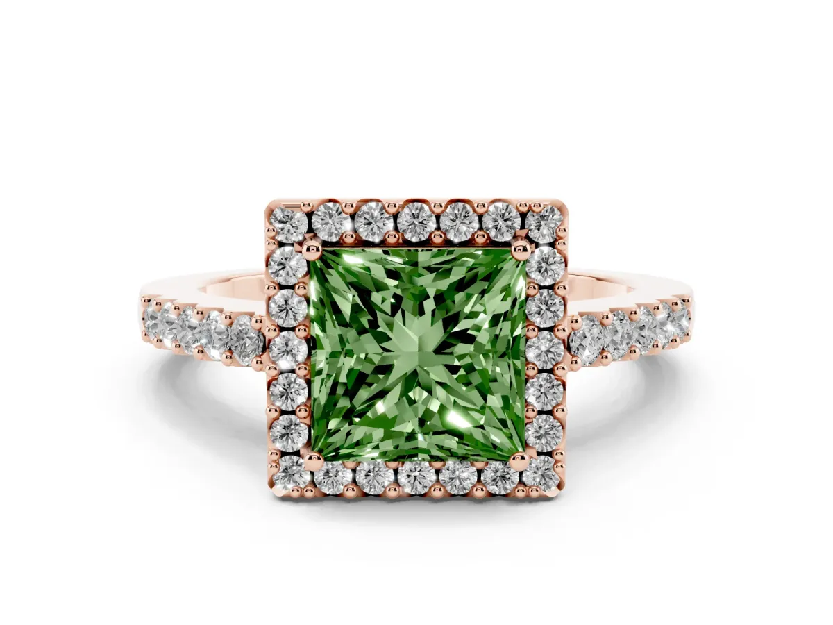 Fancy Green Princess Cut Halo Diamond Pavé Solitaire Ring Rose gold