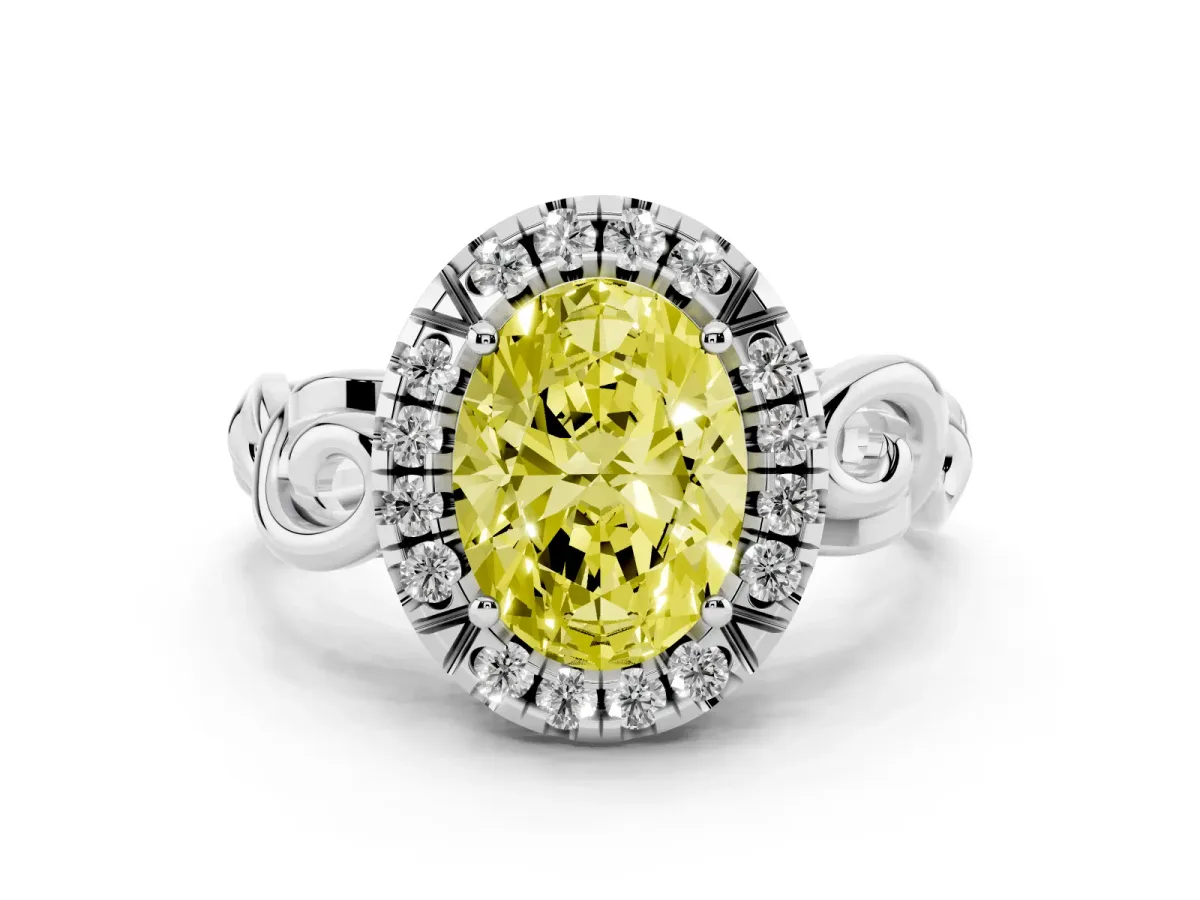 Fancy Yellow Oval Cut Cut Halo Diamond Ring with Scrollwork Band and Four-Prong Setting Silver