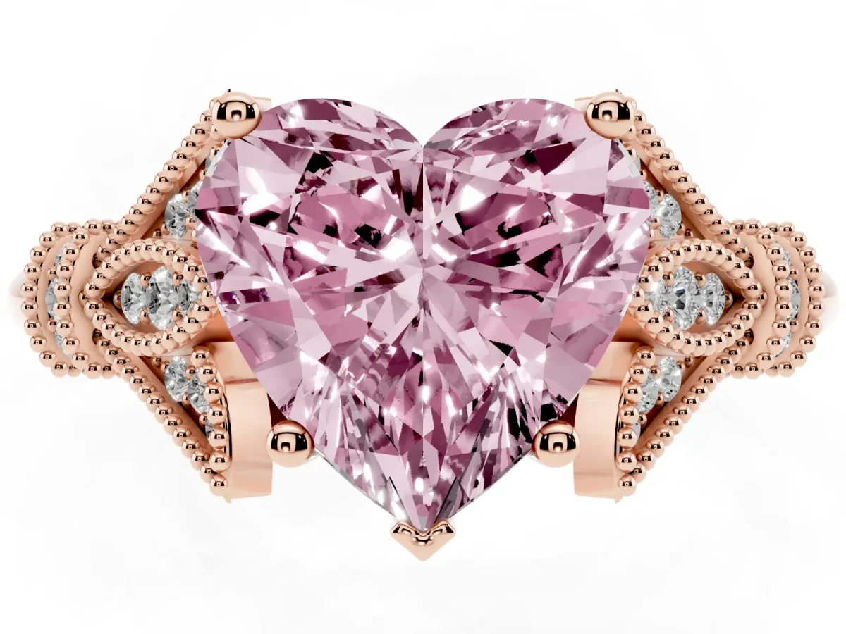 Fancy Pink Heart Cut Diamond Solitaire Ring with Floral Filigree and Pave Accents Rose gold
