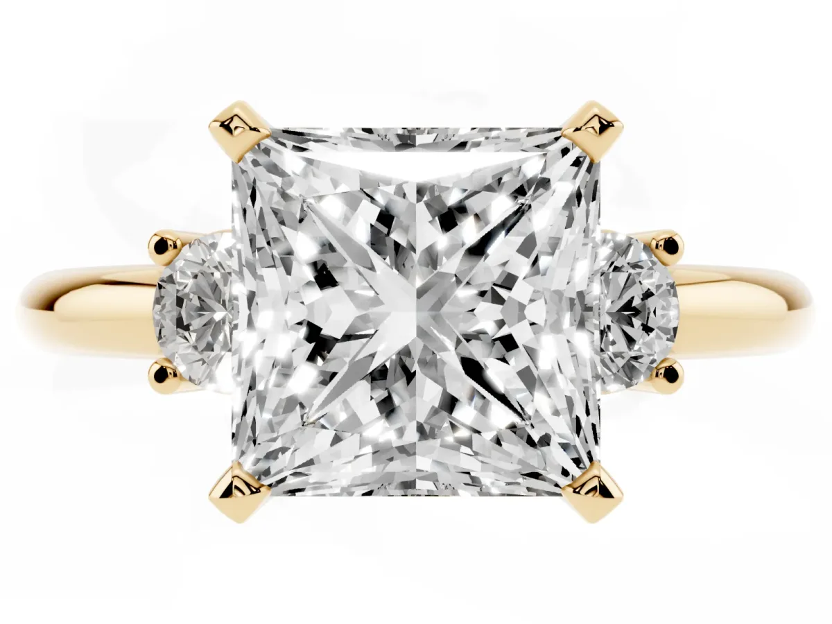 Three-Stone Princess Cut Cut Diamond Solitaire with Prong Setting and Classic Band Yellow gold
