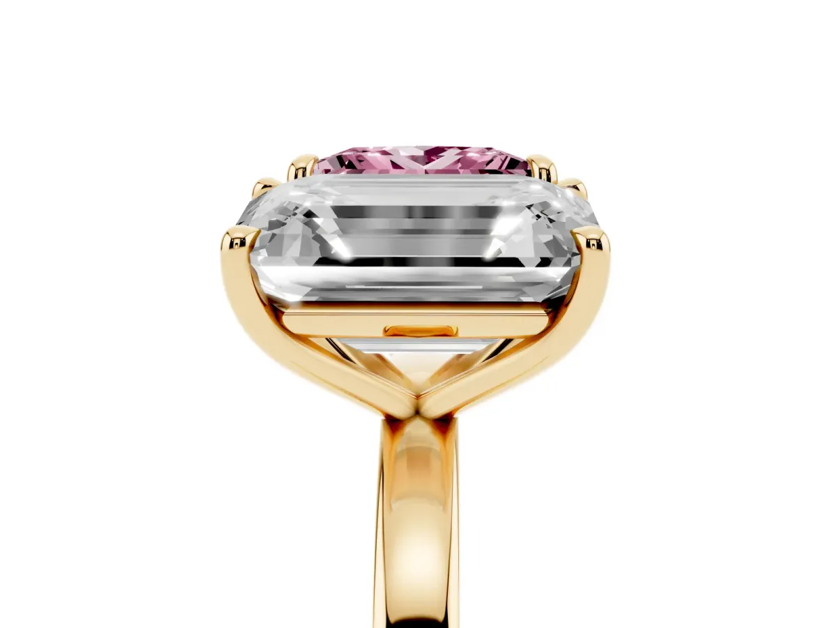Fancy Pink Princess Cut and Emerald Cut Toi Moi Ring with Prong Setting Yellow gold
