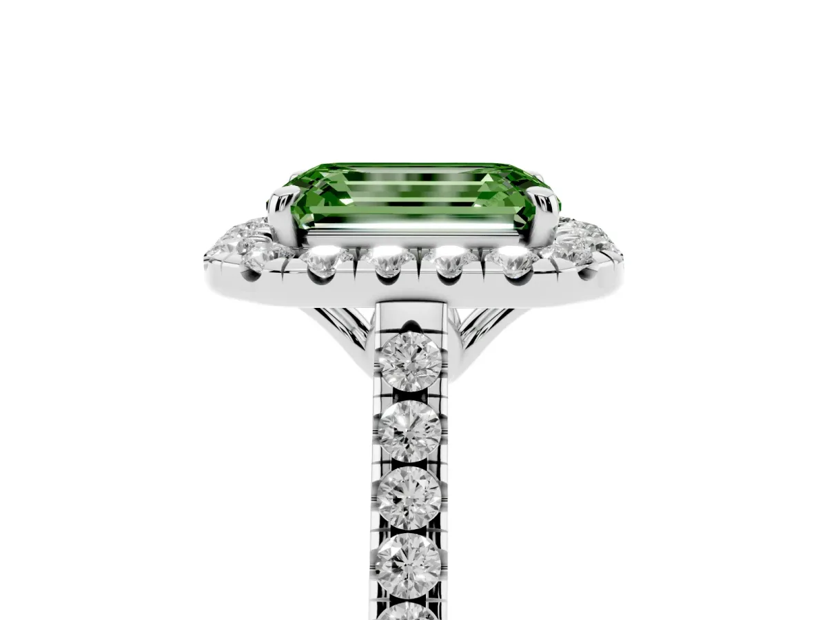 Fancy Green Emerald Cut Halo Pavé Diamond Engagement Ring with Four-Prong Setting Silver