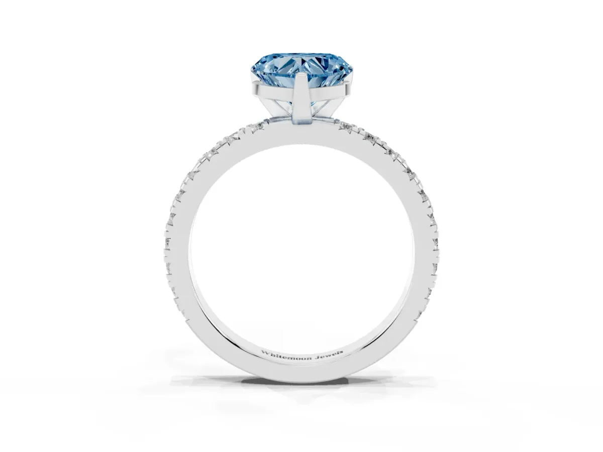 Fancy Blue Heart Cut Diamond Pavé Band Solitaire with Four-Prong Setting Silver