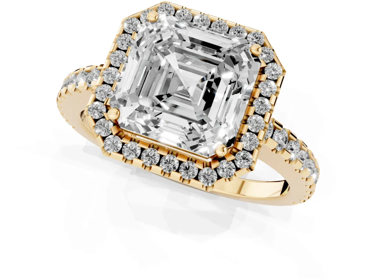 Asscher Cut Diamond Halo Engagement Ring with Pavé Band and Prong Setting Yellow gold