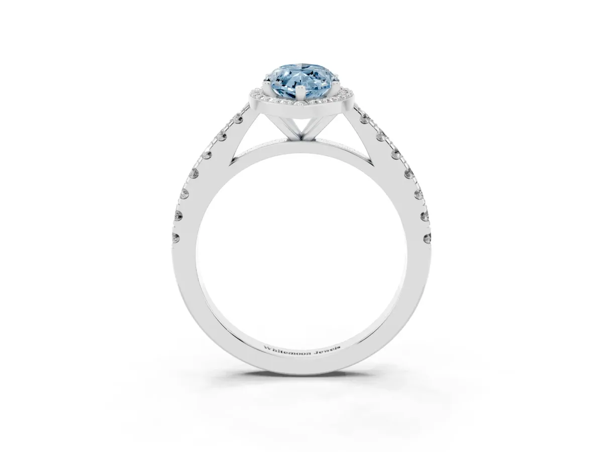 Fancy Blue Marquise Cut Cut Halo Diamond Engagement Ring with Pave Band and Four-Prong Setting Silver
