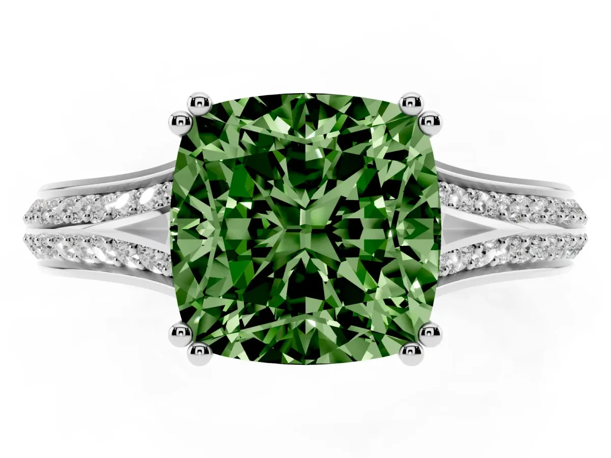 Fancy Green Cushion Cut Diamond Split Shank Engagement Ring with Pavé Band Platinum