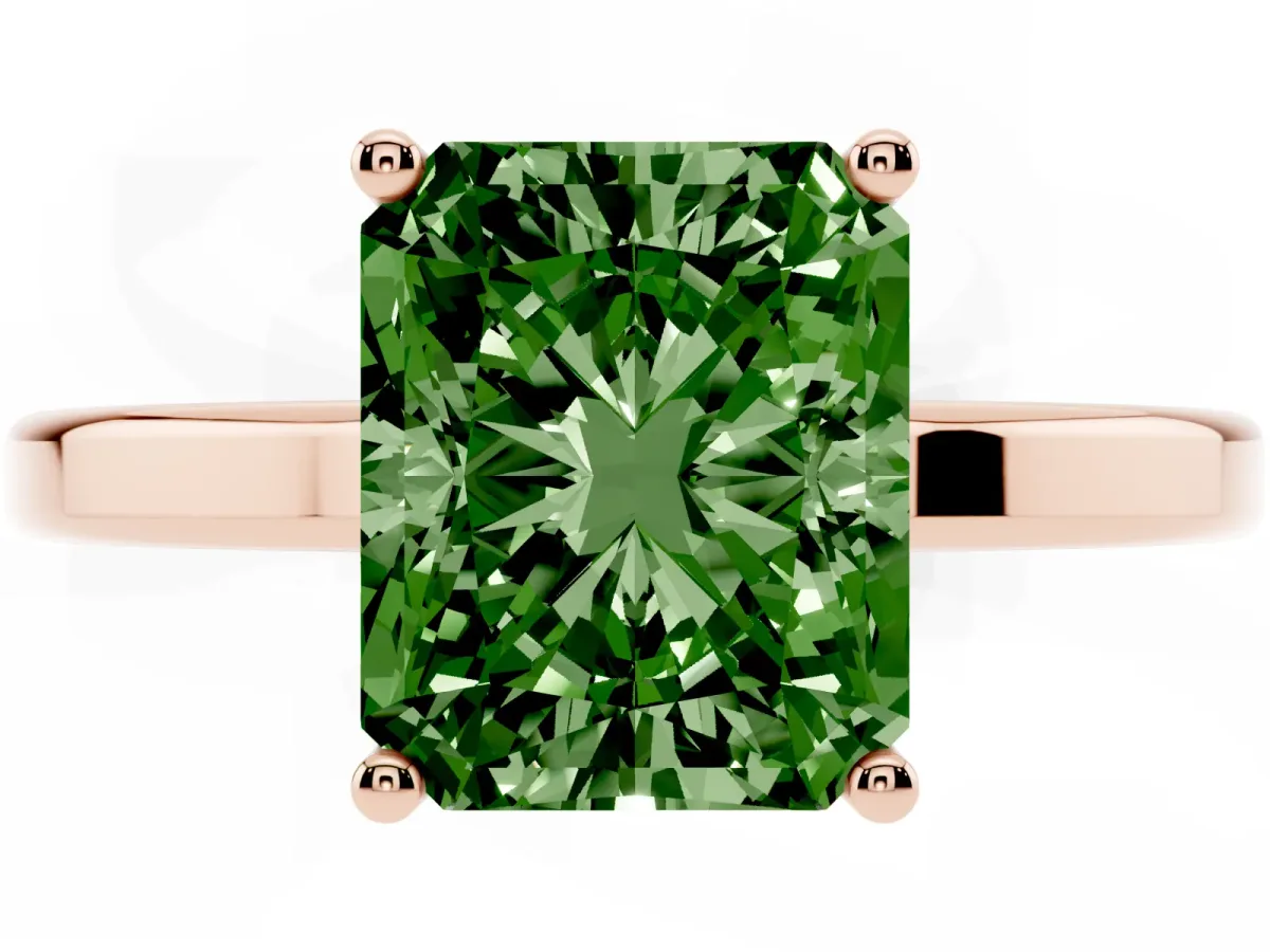 Fancy Green Radiant Cut Cut Solitaire Engagement Ring with Four-Prong Setting on a Classic Band Rose gold