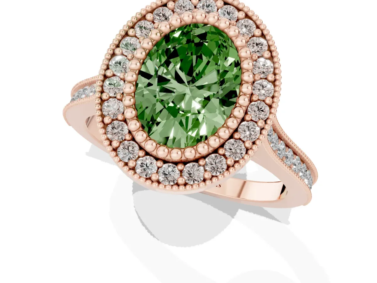 Fancy Green Oval Cut Diamond Halo Ring with Milgrain Frame and Pavé Band Rose gold