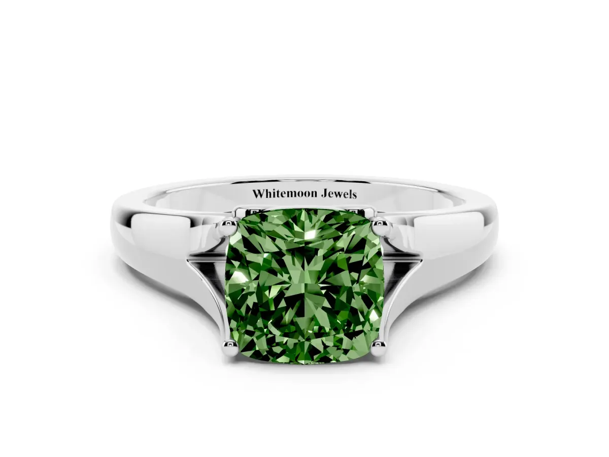 Fancy Green Cushion Cut Solitaire Diamond Ring with Cathedral Band and Four-Prong Setting Silver