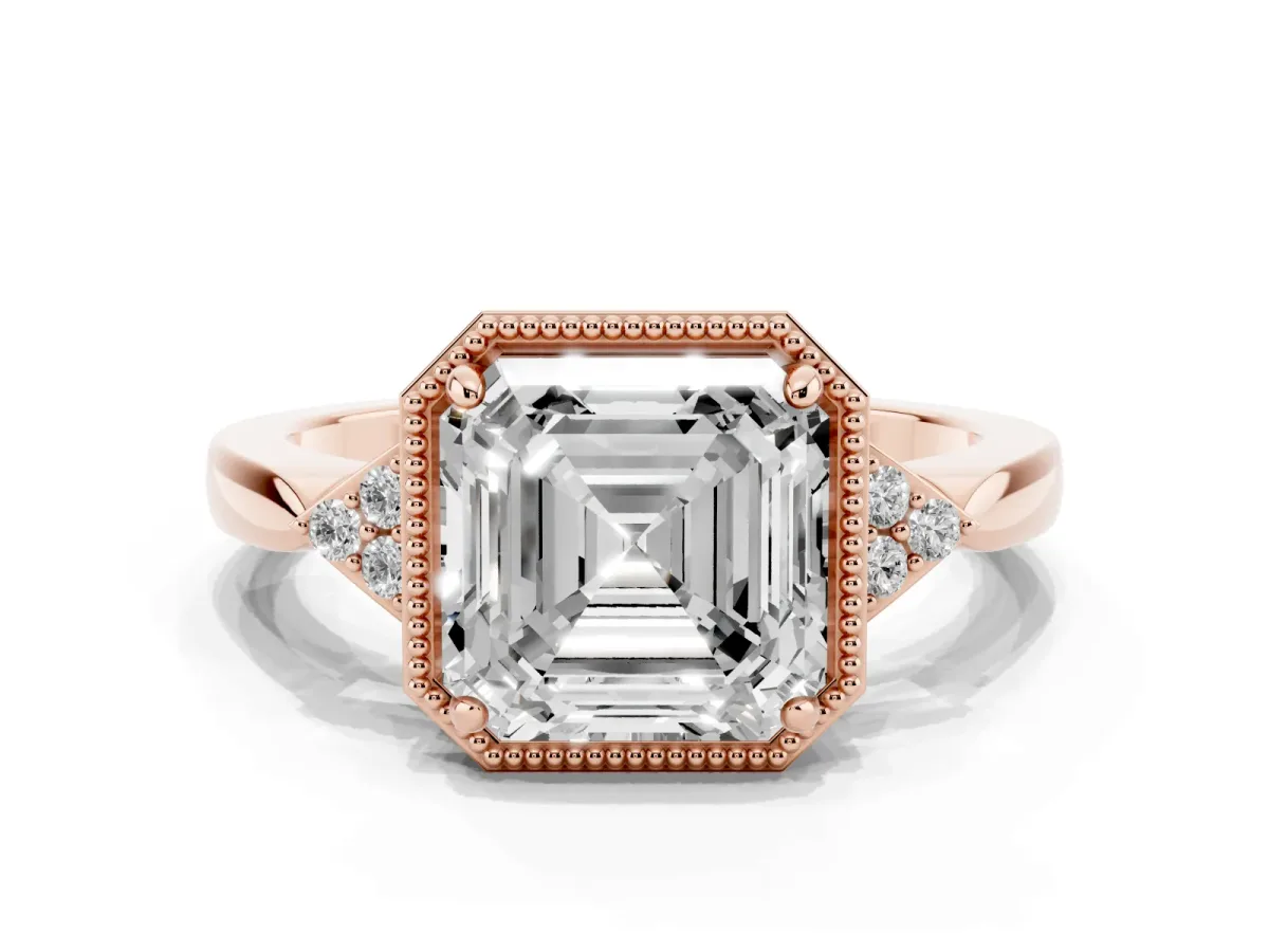 Hexagonal Halo Asscher Cut Diamond Solitaire with Pavé Band and Four-Prong Setting Rose gold
