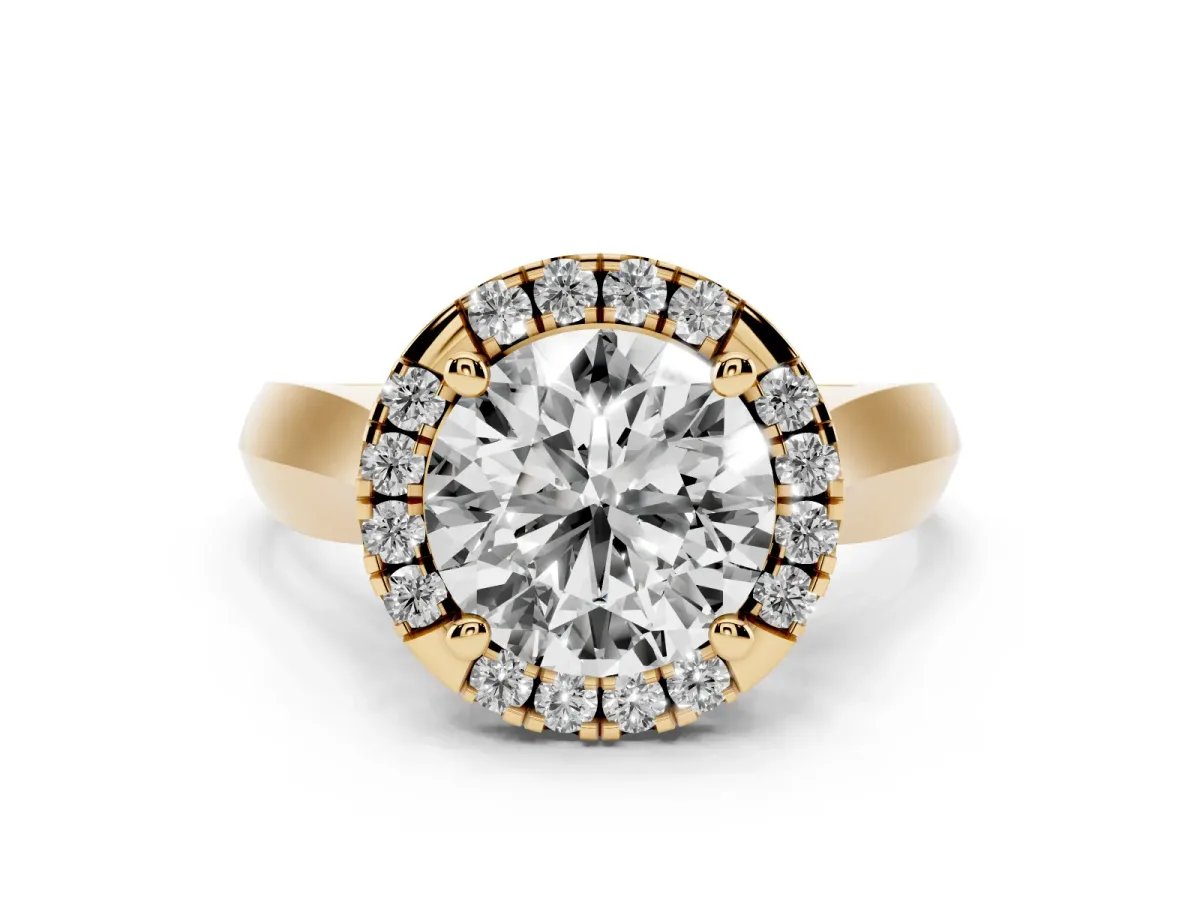 Round Cut Cut Halo Solitaire Engagement Ring with Square Band and Four-Prong Setting Yellow gold