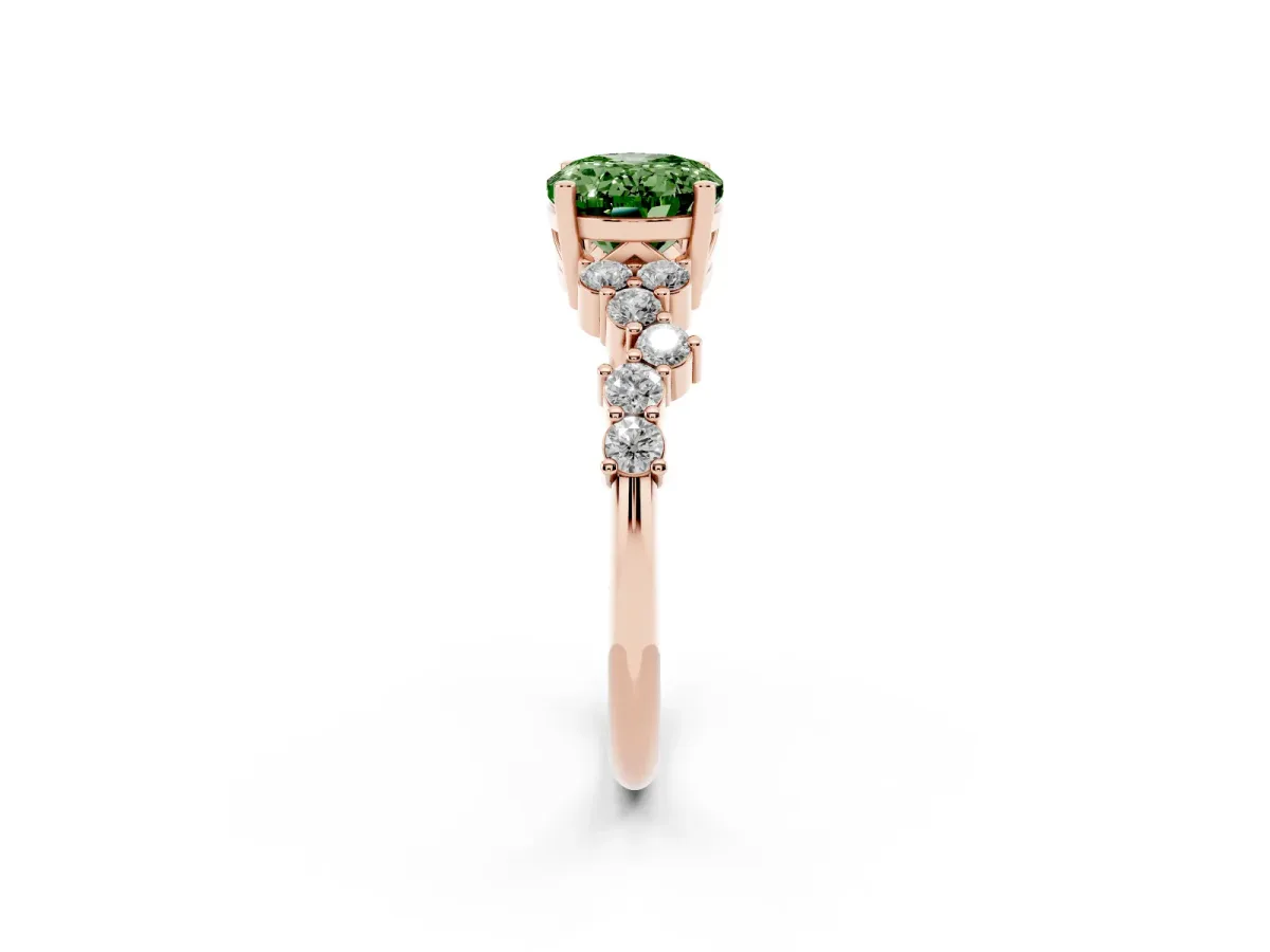 Fancy Green Oval Cut Diamond Scattered Round Accent Ring with Prong Setting Rose gold
