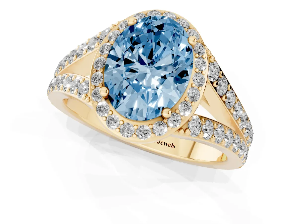 Fancy Blue Oval Cut Diamond Split Shank Halo Ring with Four-Prong Setting Yellow gold