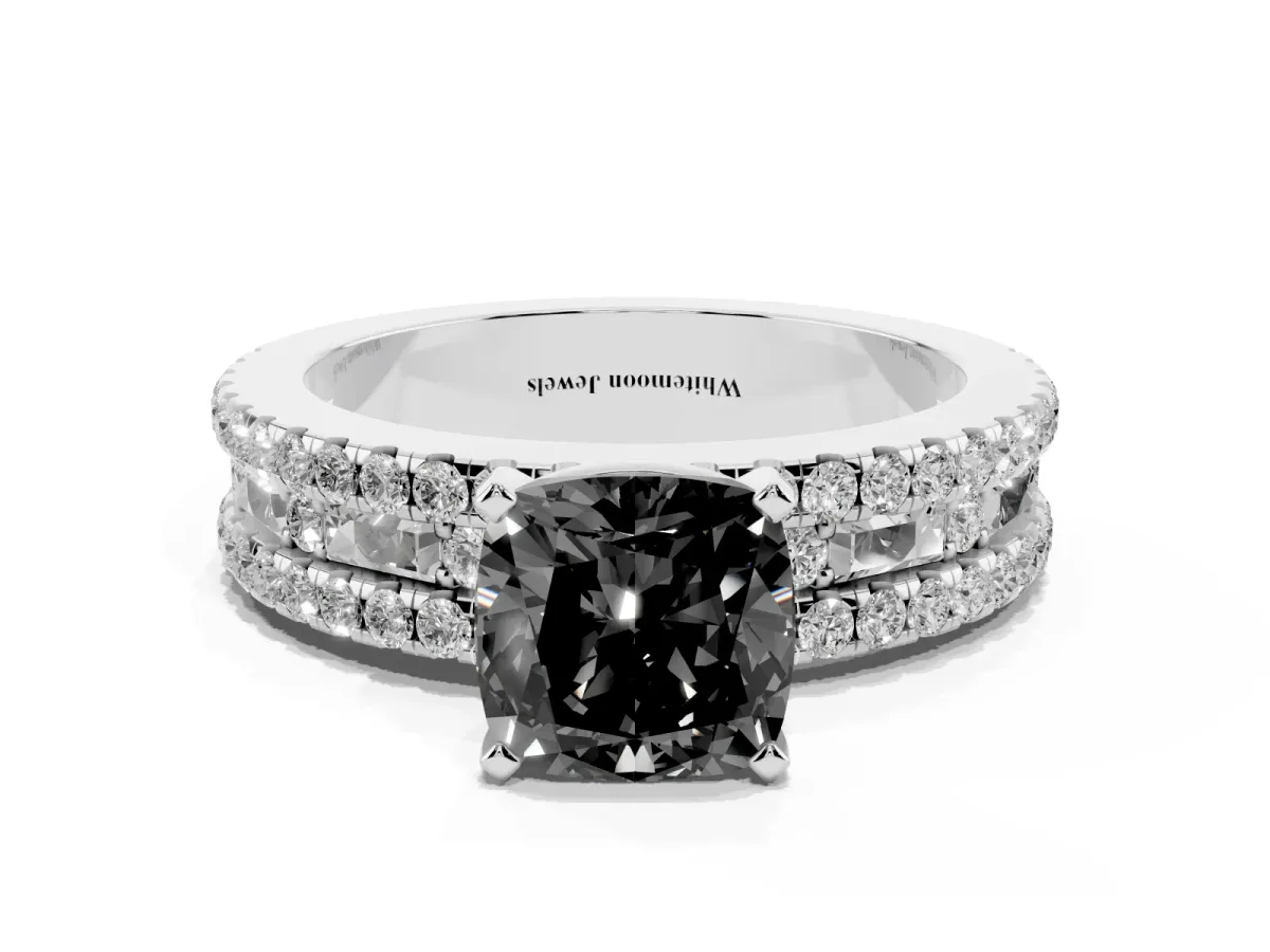 Fancy Black Cushion Cut Diamond Solitaire Ring with Pavé and Channel Set Band Silver