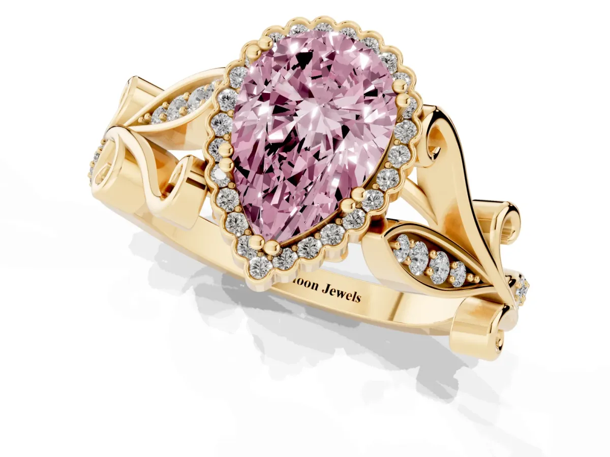 Fancy Pink Pear Cut Diamond Halo Ring with Vintage Split Shank and Four-Prong Setting Yellow gold