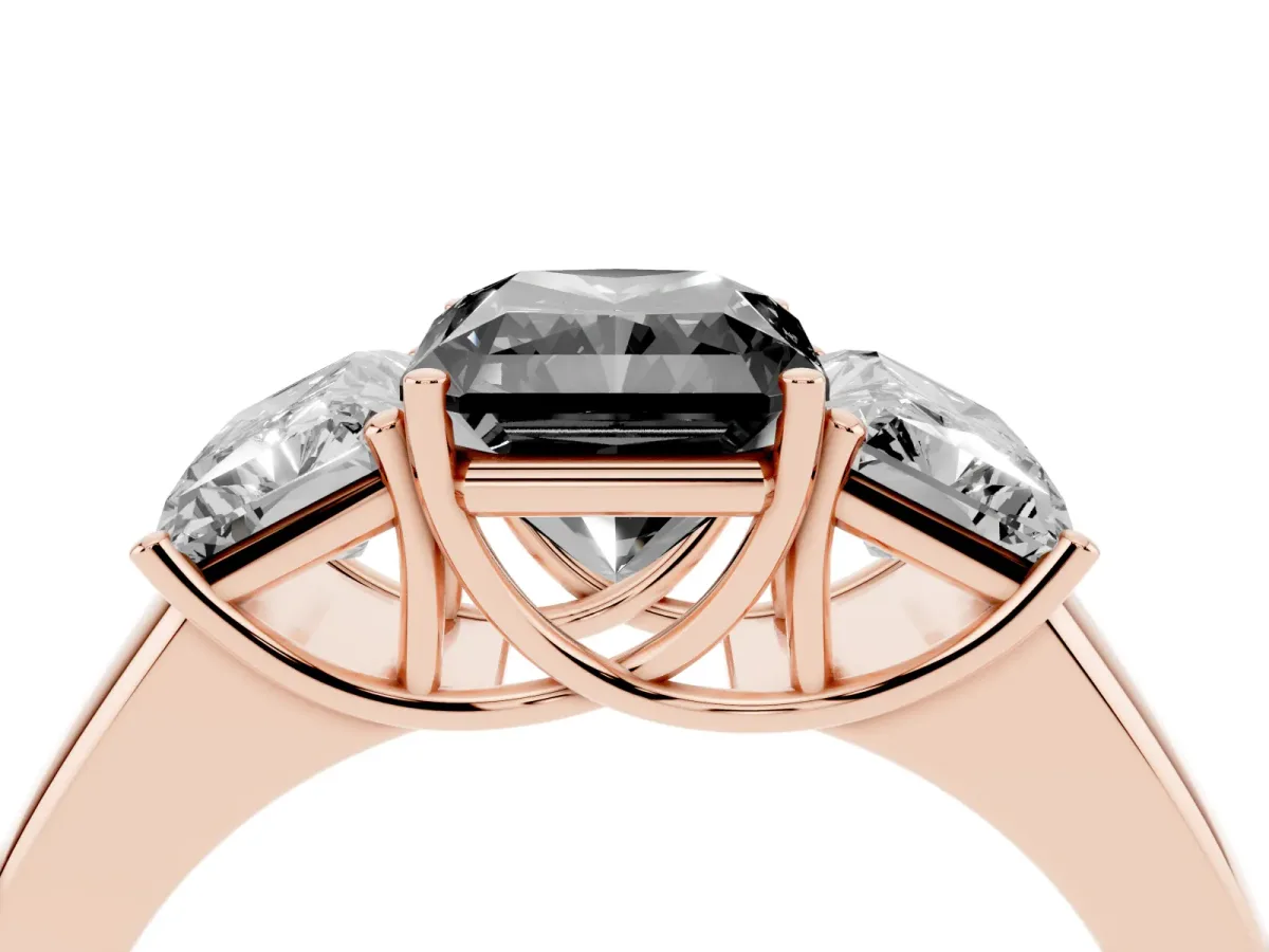 Fancy Black Three-Stone Radiant Cut Cut Diamond Ring with Prong Setting and Classic Band Rose gold