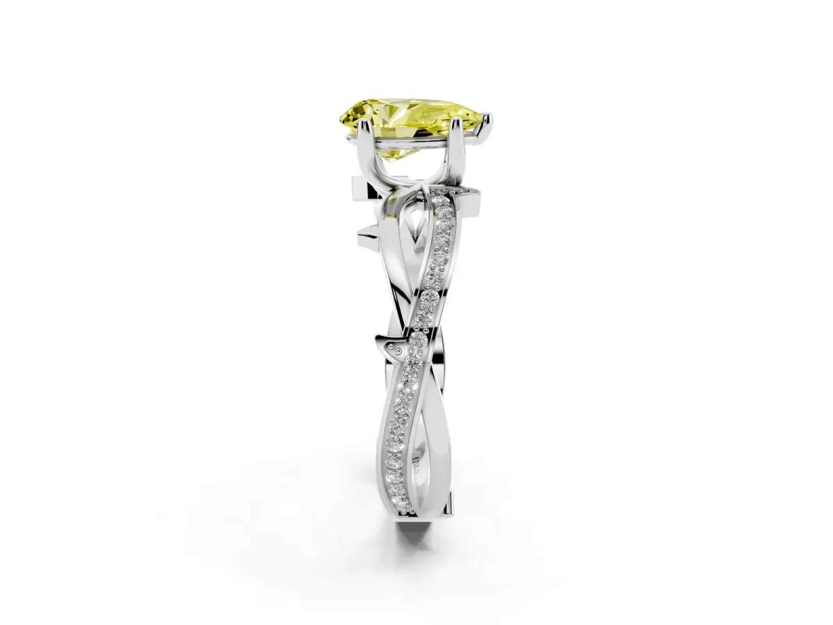 Fancy Yellow Pear Cut Solitaire Twist Band with Pavé Accents and Four-Prong Setting Platinum