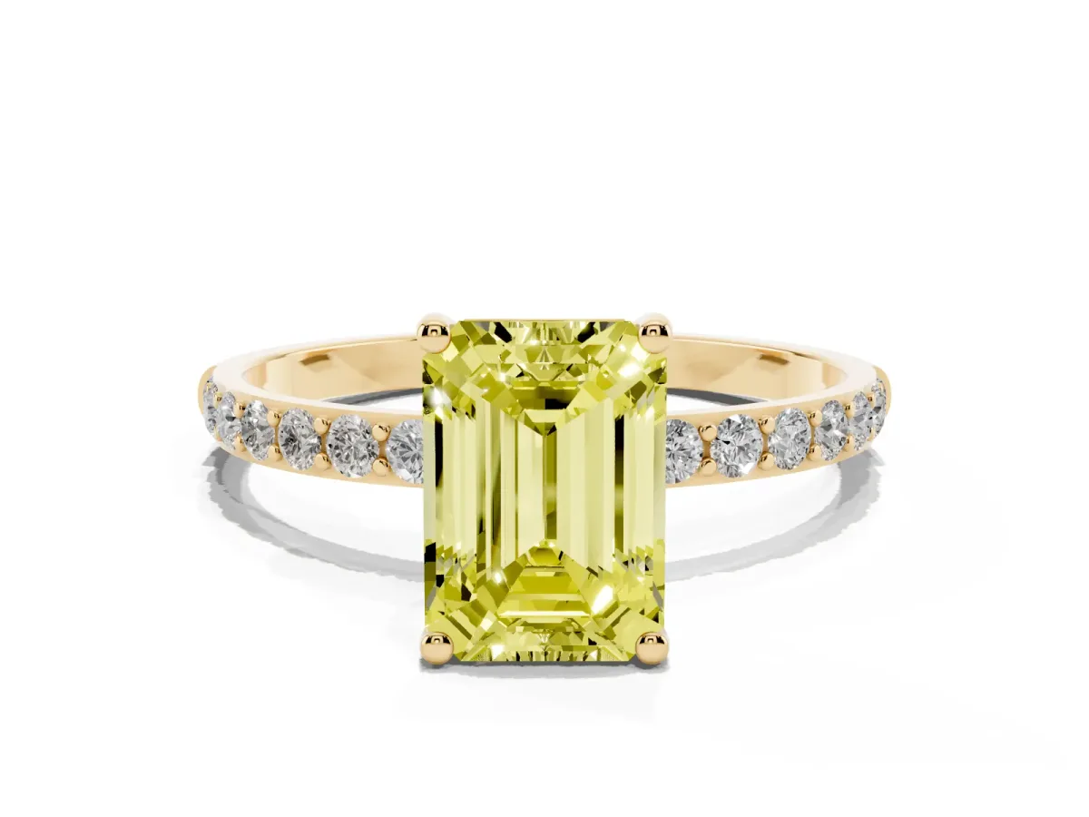 Fancy Yellow Emerald Cut Diamond Solitaire Ring with Round Pavé Shoulders and Prong Setting Yellow gold