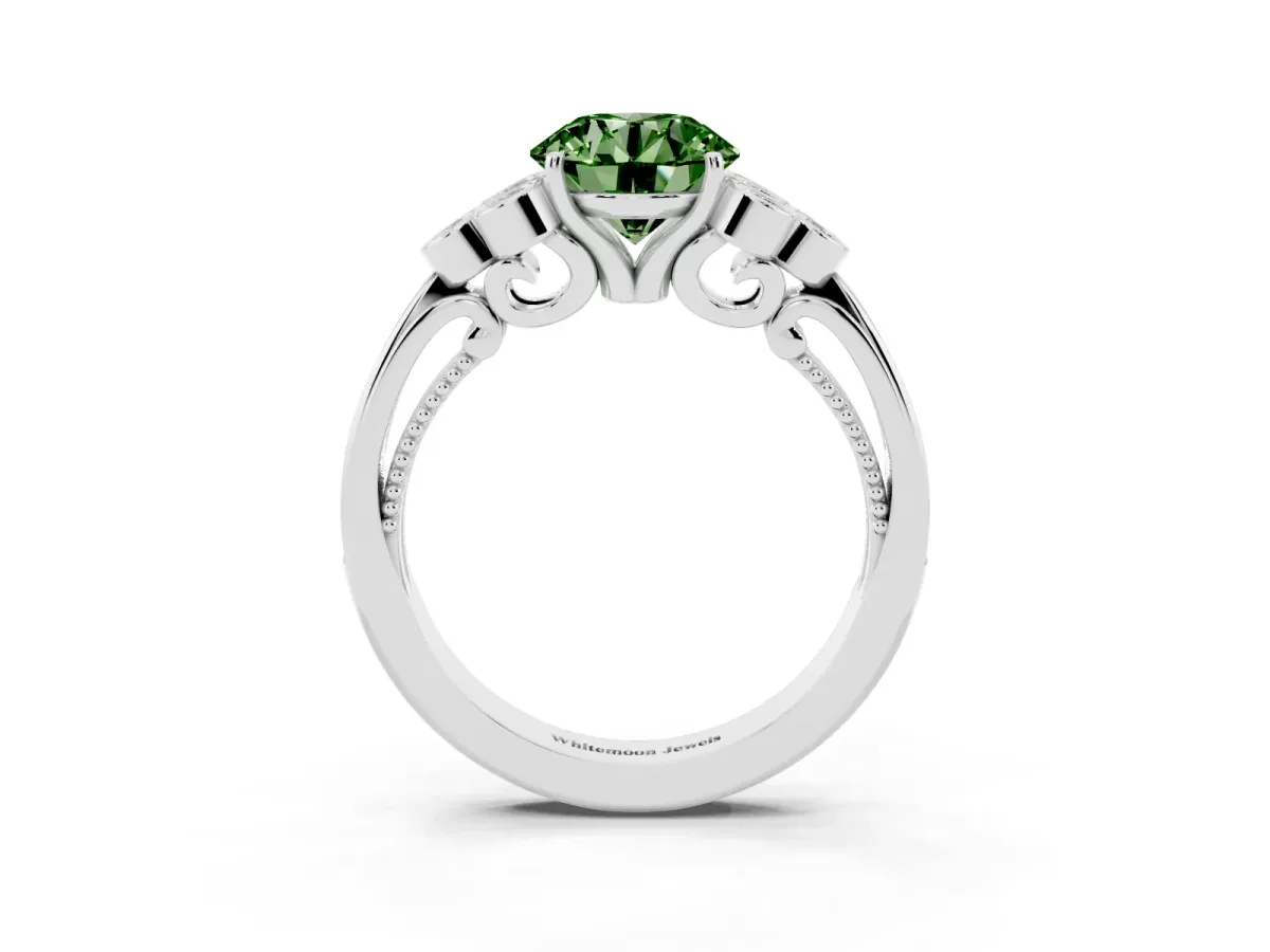 Fancy Green Round Cut Cut Diamond Engagement Ring with Bezel Set Round Side Stones and Prong Setting Platinum