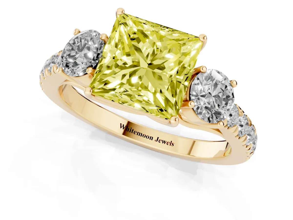 Fancy Yellow Princess Cut Cut Diamond Three-Stone Ring with Round Side Stones and Pavé Band Yellow gold