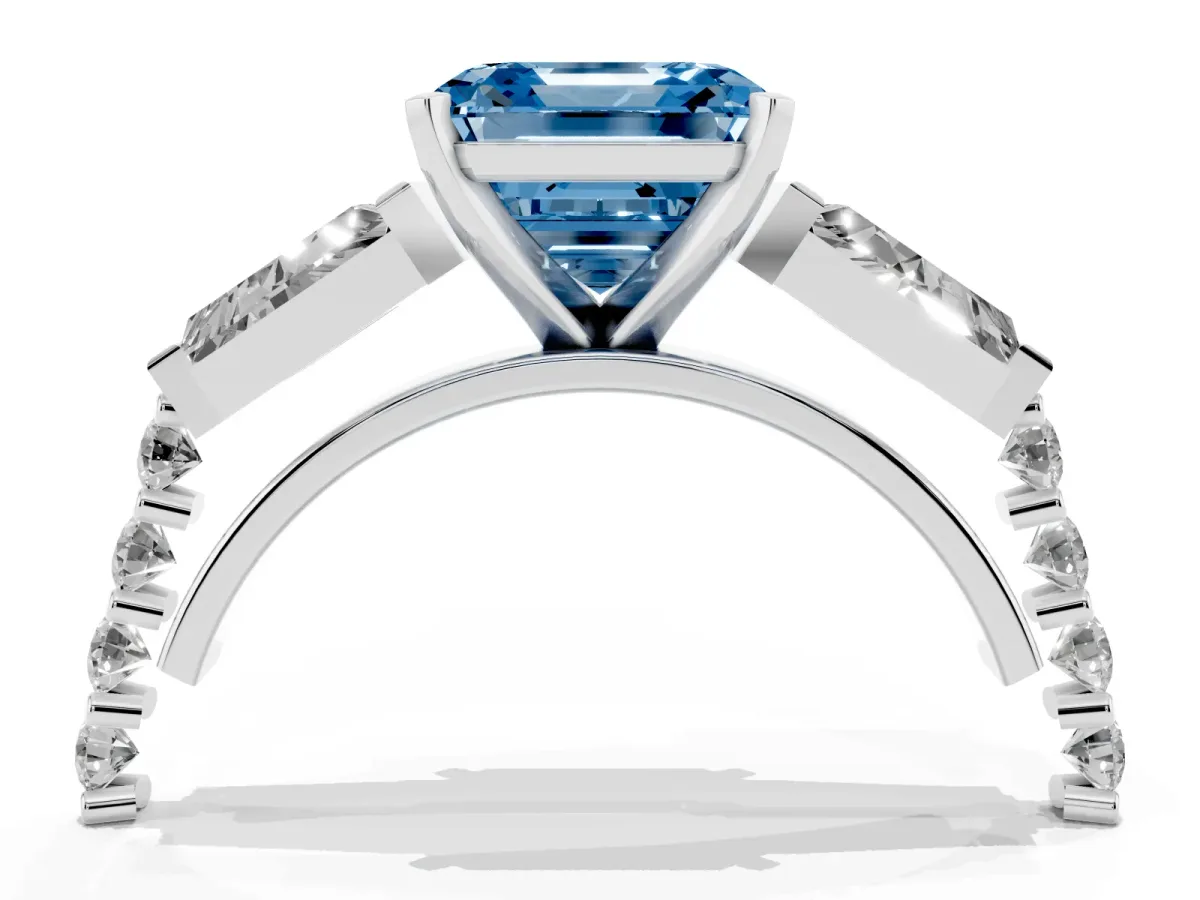 Fancy Blue Asscher Cut Diamond Engagement Ring with Baguette Side Stones and Channel Set Band White gold