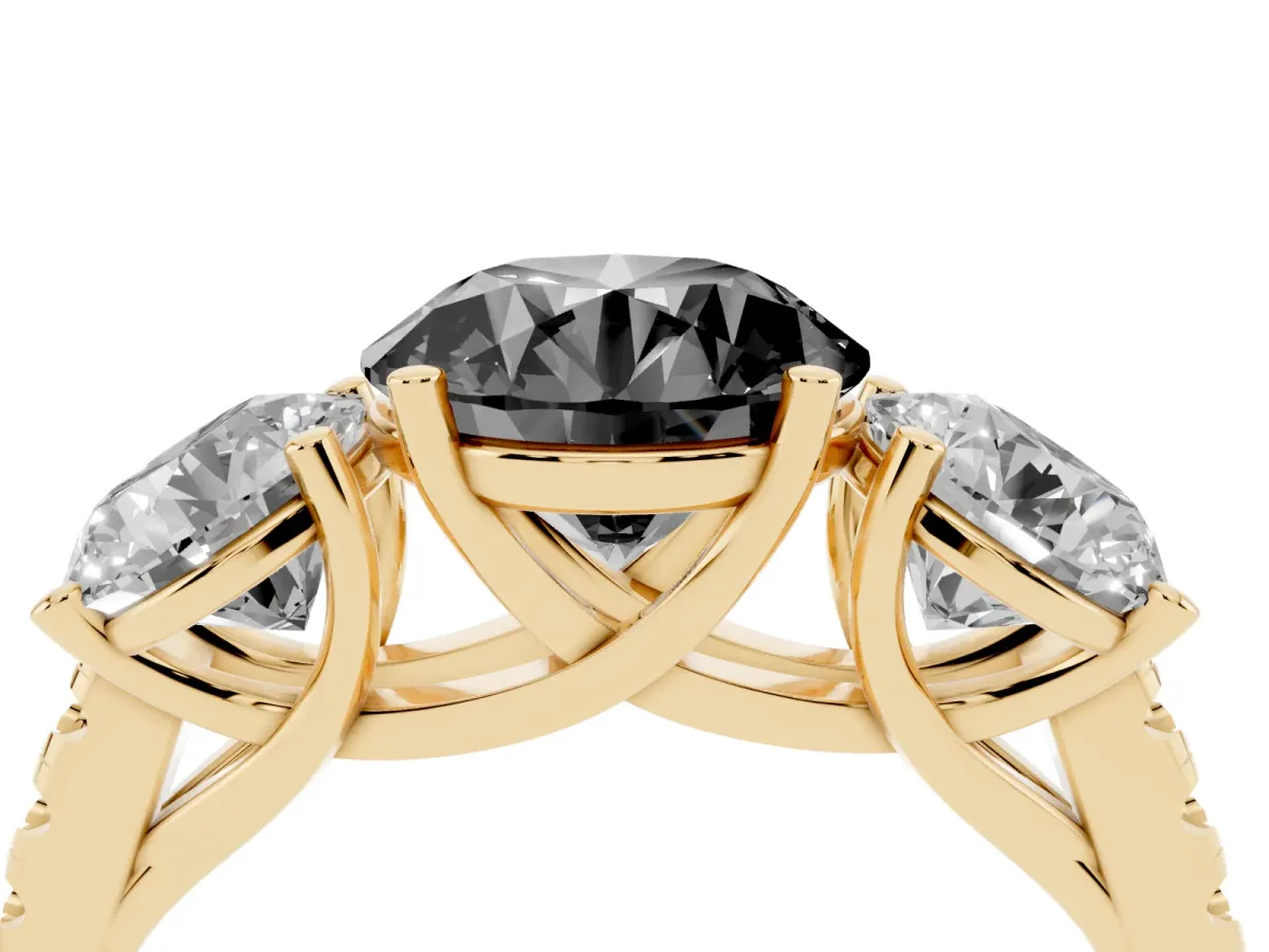 Fancy Black Three-Stone Round Cut Diamond Ring with Round Pavé Band and Prong Setting Yellow gold