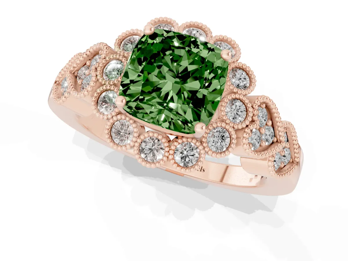 Fancy Green Cushion Cut Brilliant Milgrain Pave Heart Band Solitaire Ring Rose gold