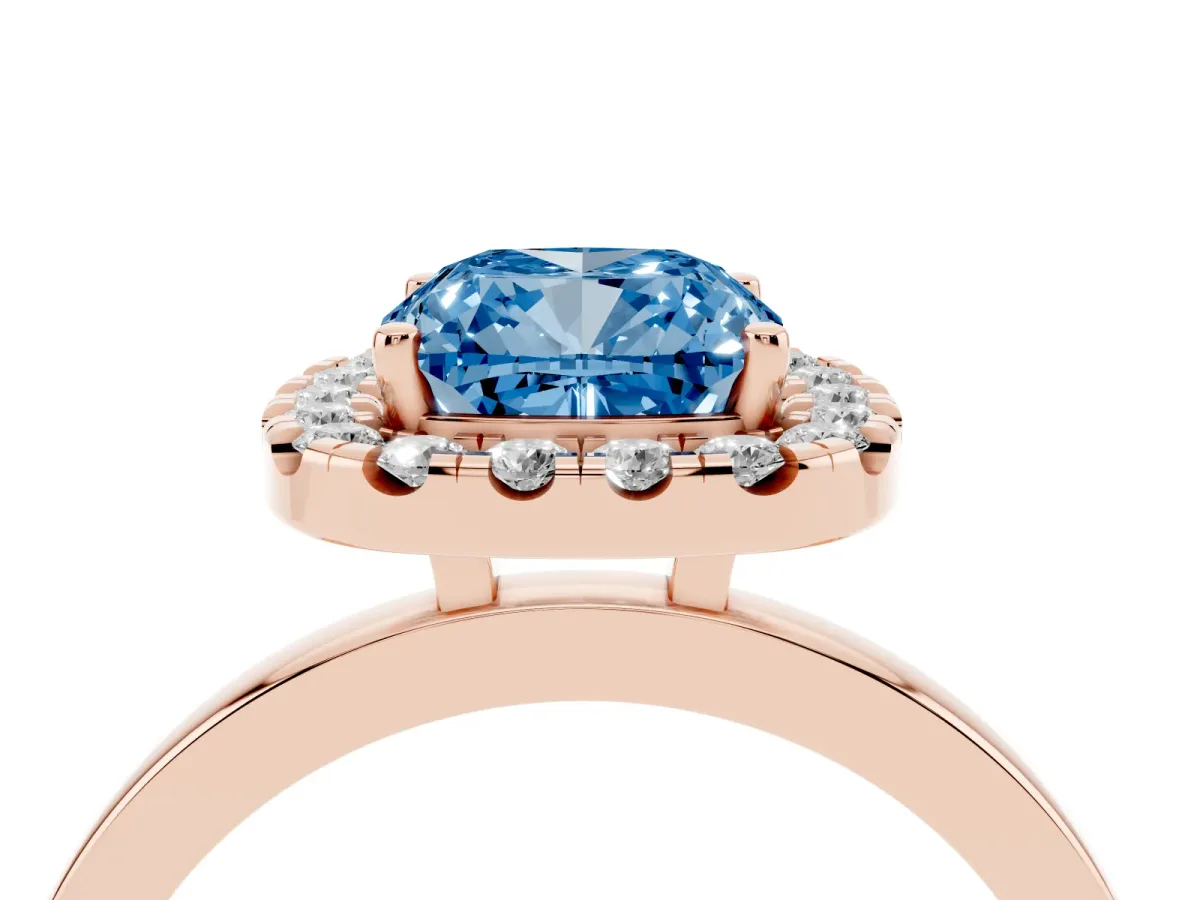 Fancy Blue Cushion Cut Halo Diamond Solitaire with Pavé Band and Four-Prong Setting Rose gold