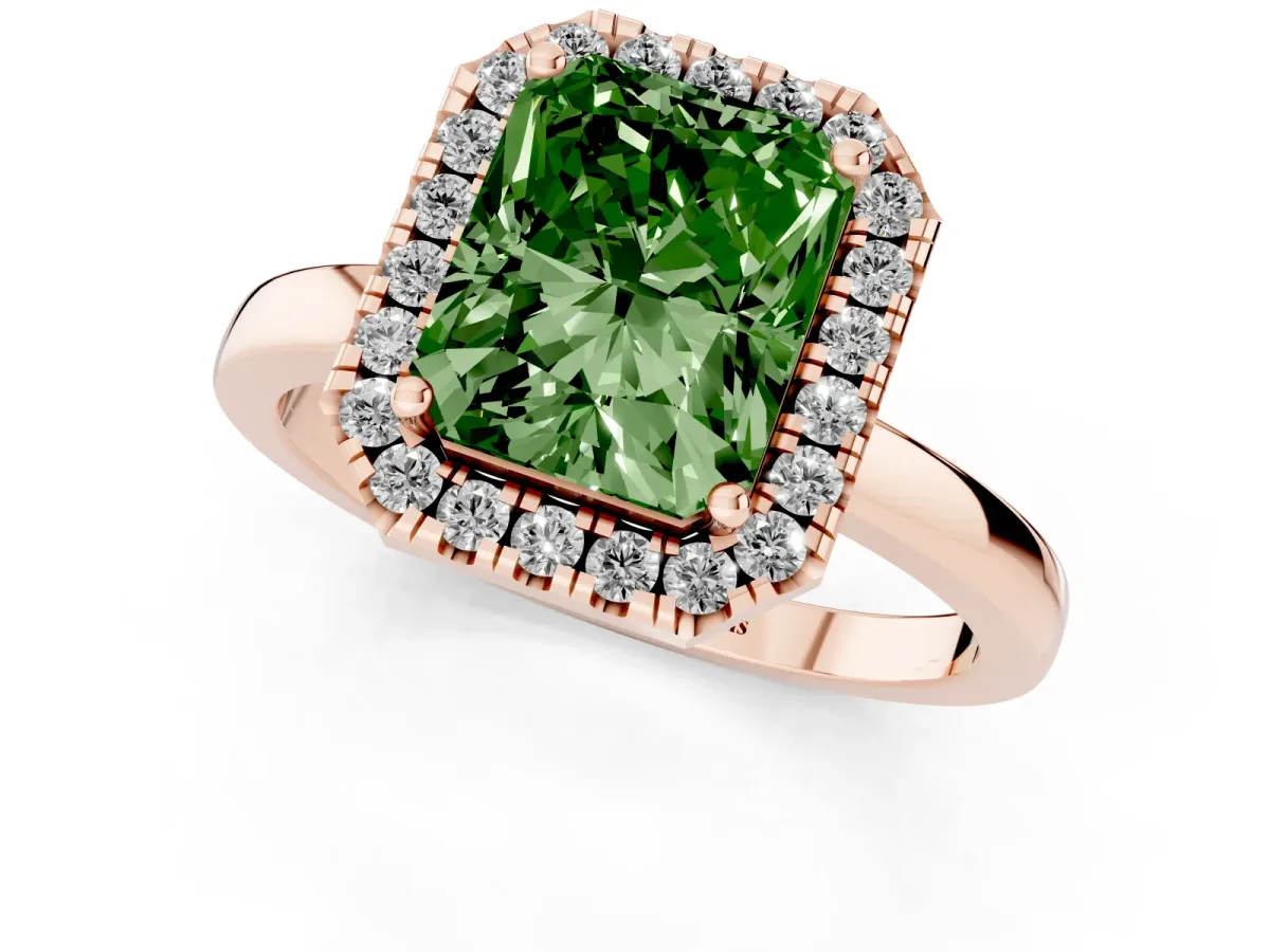 Fancy Green Radiant Cut Halo Diamond Solitaire with Pavé Band and Four-Prong Setting Rose gold