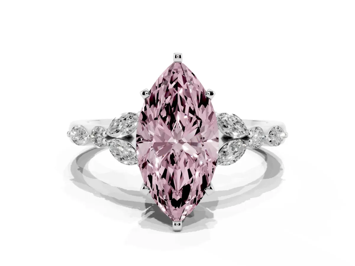 Fancy Pink Marquise Cut Diamond Solitaire Ring with Side Stones and Four-Prong Setting Silver