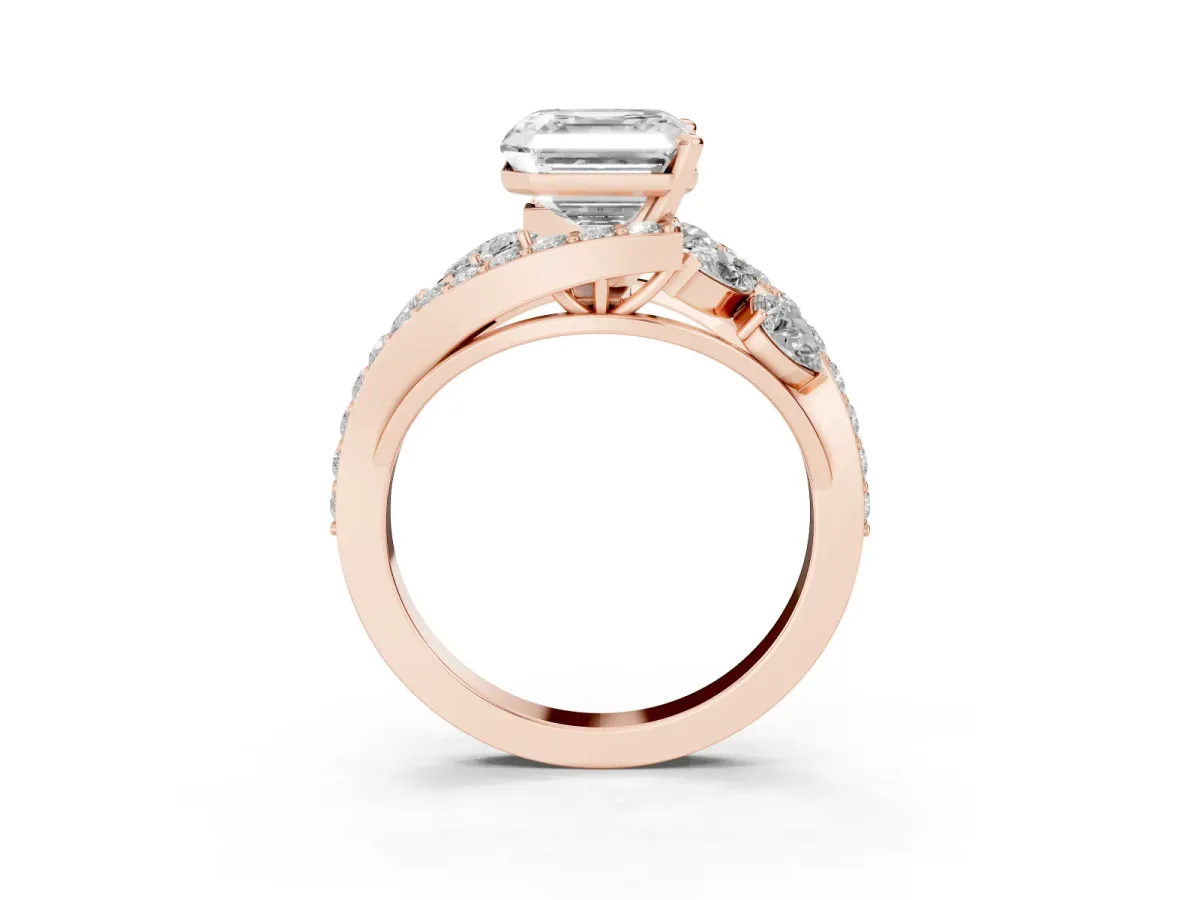Asscher Cut Diamond Halo Ring with Marquise and Pavé Band in Prong Setting Rose gold