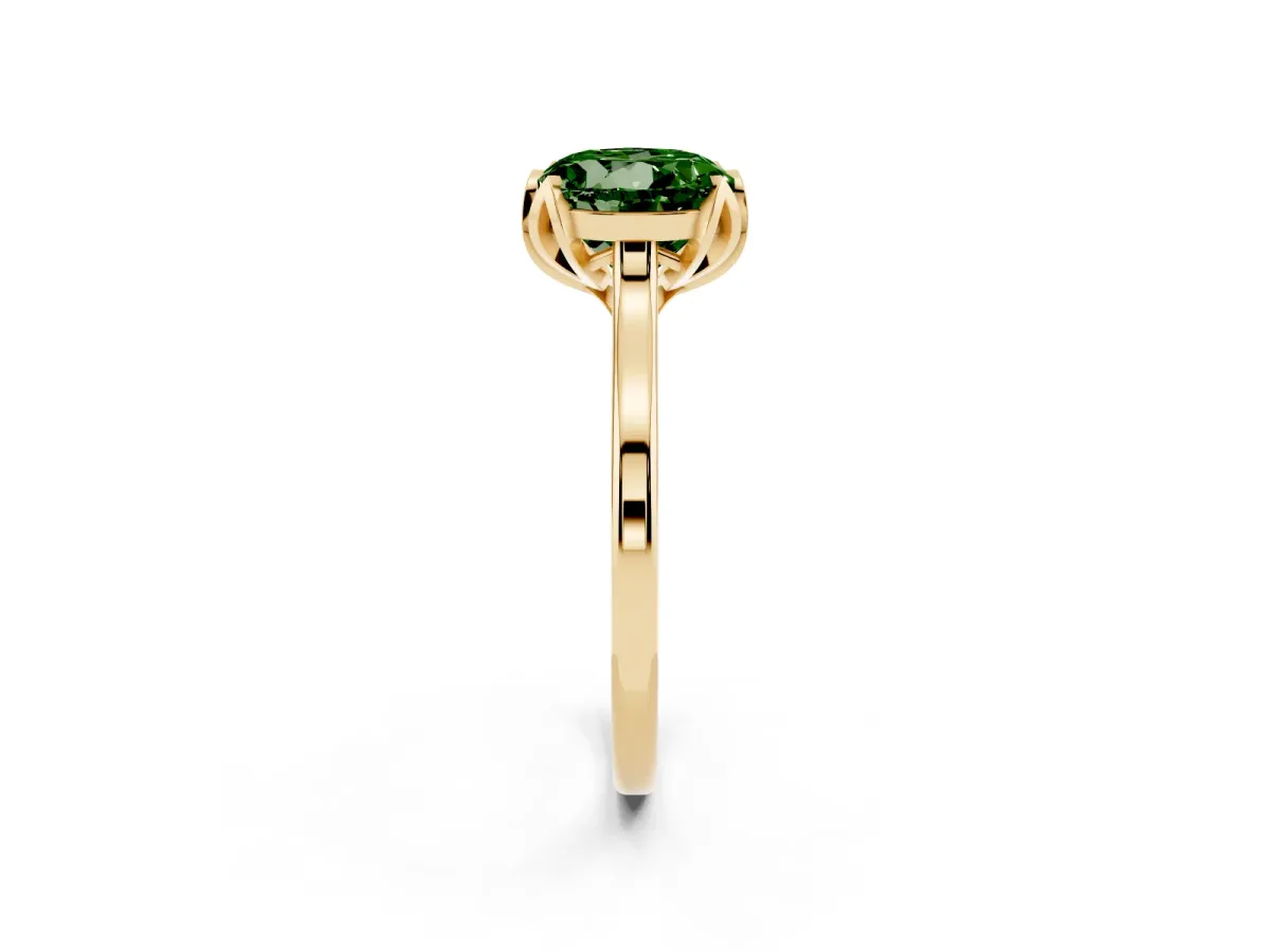 Fancy Green Round Cut Diamond Solitaire Ring with Flower Prong Setting and Classic Band Yellow gold
