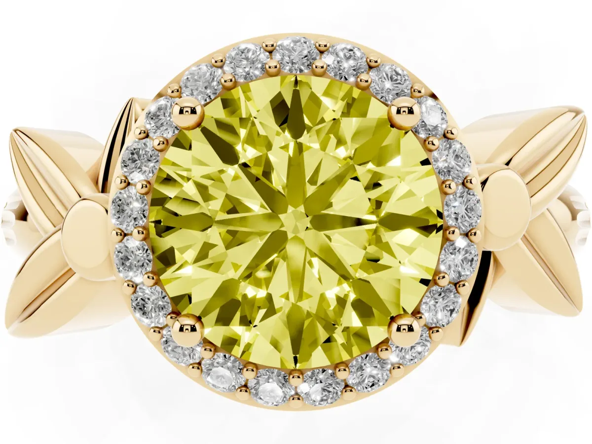 Fancy Yellow Round Cut Halo Diamond Floral Band with Four-Prong Setting Yellow gold