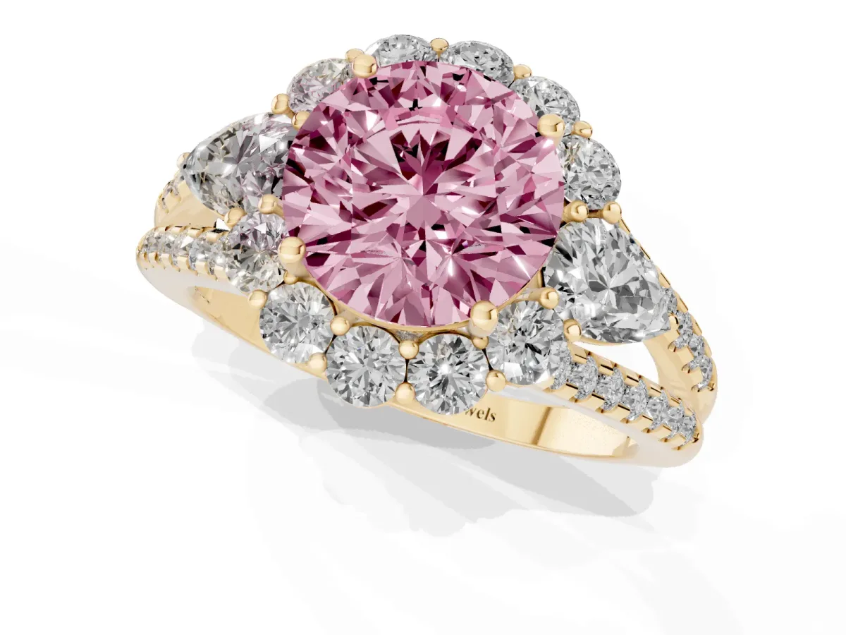 Fancy Pink Round Cut Halo Split Shank Diamond Engagement Ring with Prong Setting Yellow gold