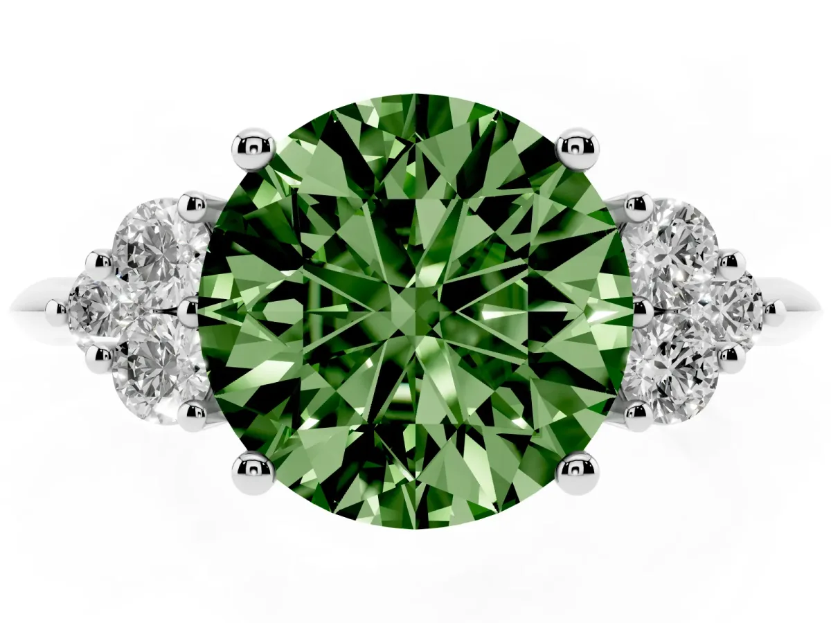Fancy Green Round Cut Cut Diamond Cluster Ring with Solitaire Band and Four-Prong Setting Silver