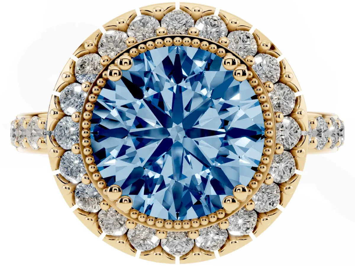 Fancy Blue Round Cut Diamond Halo Ring with Pavé Band and Prong Setting Yellow gold