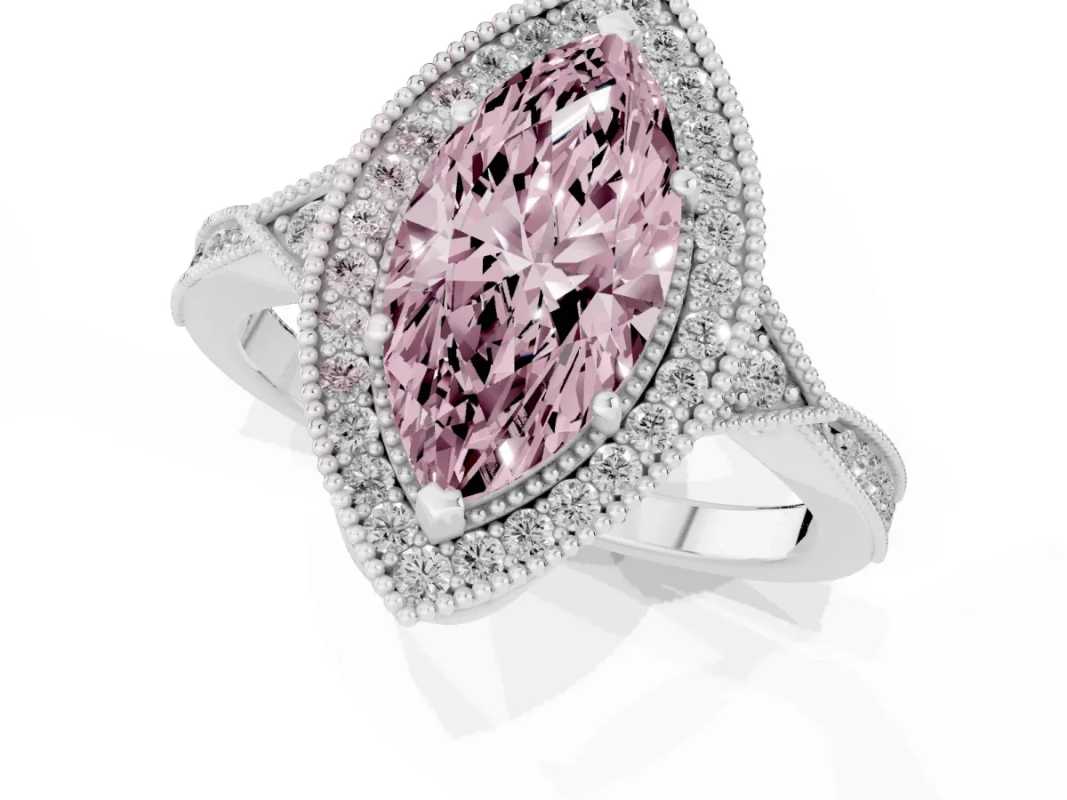 Fancy Pink Marquise Cut Halo Round Diamond Milgrain Pave Engagement Ring White gold