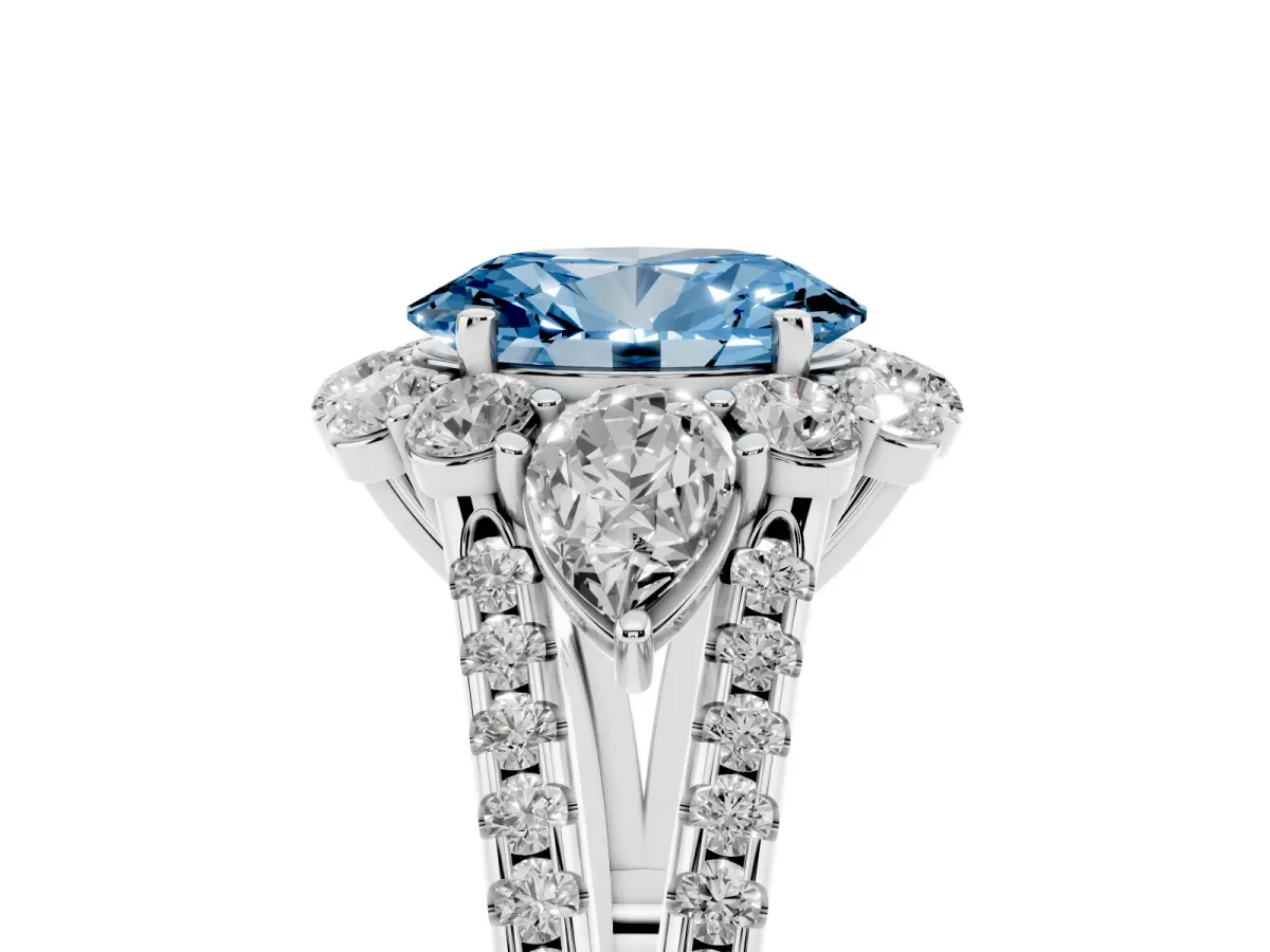 Fancy Blue Oval Cut Halo Split Shank Diamond Engagement Ring with Prong Setting Platinum