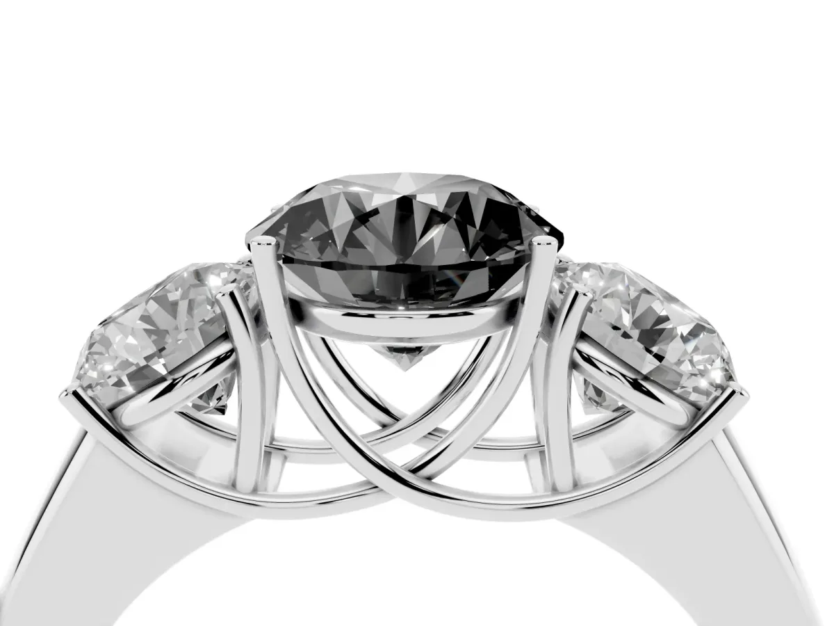Fancy Black Three-Stone Round Cut Cut Diamond Ring with Prong Setting and Classic Band Silver