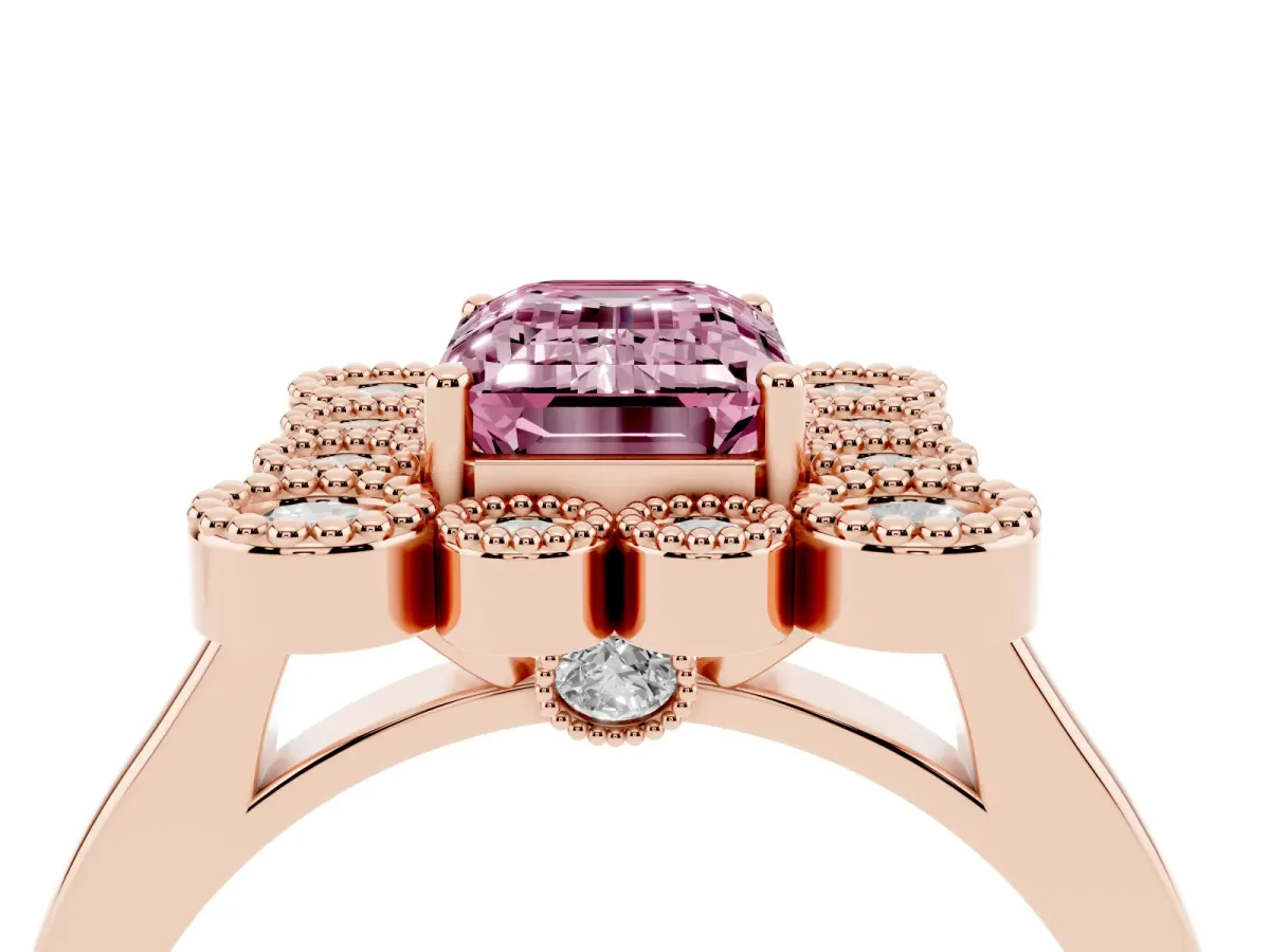 Fancy Pink Emerald Cut Halo Diamond Cluster Engagement Ring with Milgrain Bezel Setting and Solitaire Band Rose gold
