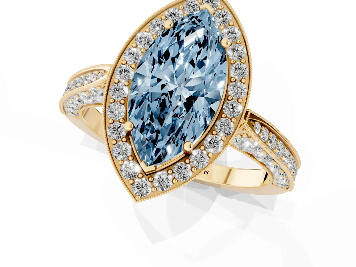 Fancy Blue Marquise Cut Halo Diamond Engagement Ring with Split Shank Band and Four-Prong Setting Yellow gold
