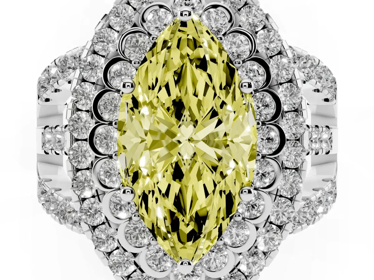Fancy Yellow Marquise Cut Diamond Double Halo Ring with Round Pavé Split Shank and Prong Setting Silver