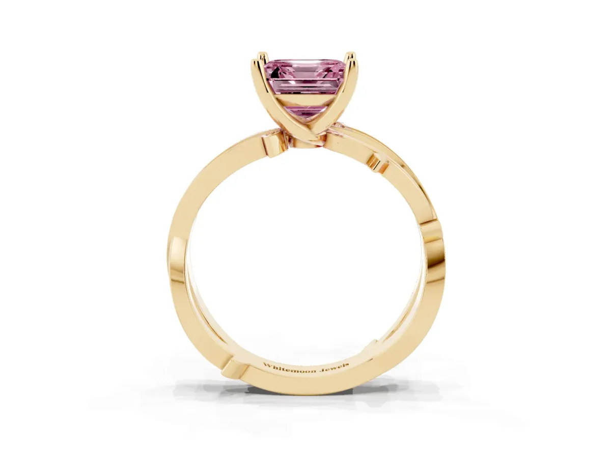 Fancy Pink Asscher Cut Solitaire Twist Band with Pavé Accents and Four-Prong Setting Yellow gold