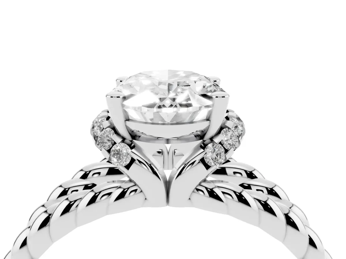 Oval Cut Halo Twisted Band Four-Prong Ring Silver