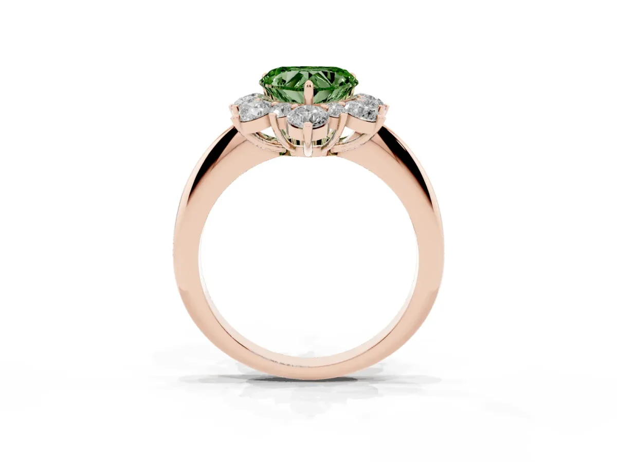 Fancy Green Heart Cut Diamond Cluster Halo Ring with Solitaire Band and Four-Prong Setting Rose gold